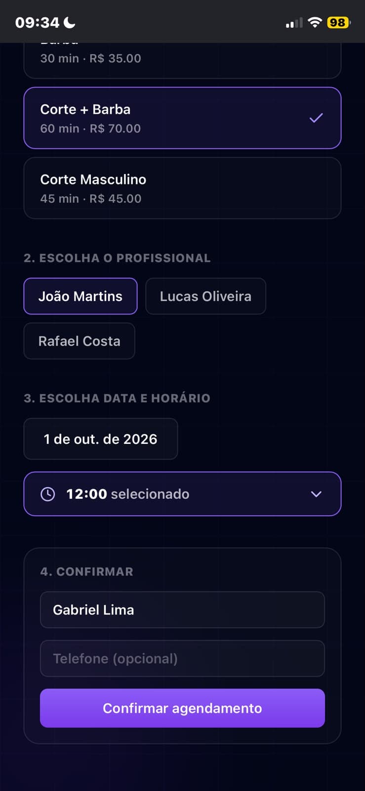 Tela real do Zelyvo: Escolha do horário no celular