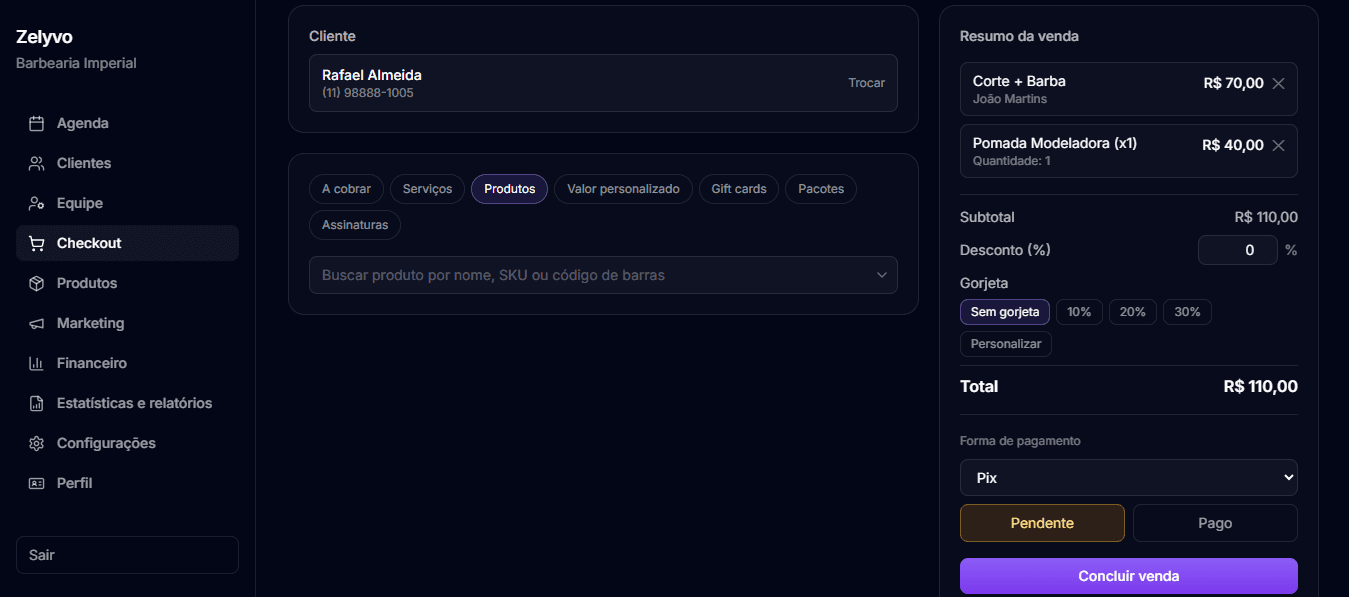 Tela real do Zelyvo: Checkout